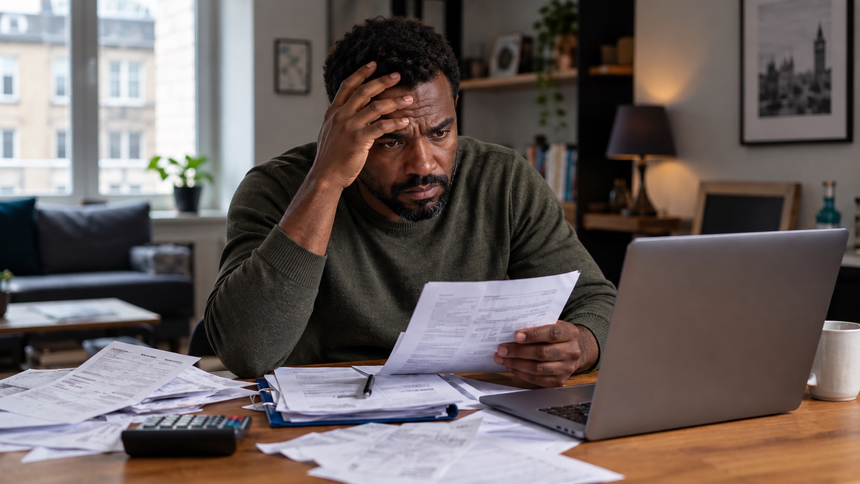 Un homme étudie ses difficultés financières et professionnelles